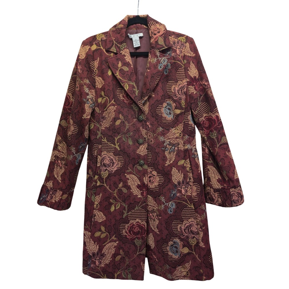 Cabi Jacobean Burgundy Floral Tapestry Brocade Coat Button Front Jacket Women 10